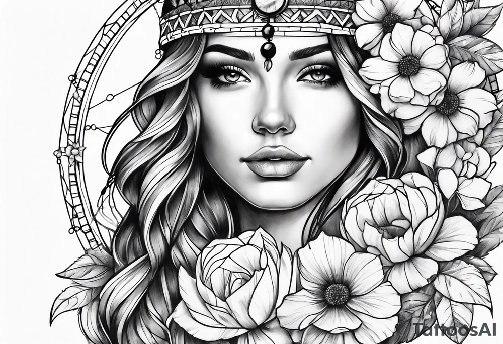Dream catcher with flowers tattoo idea