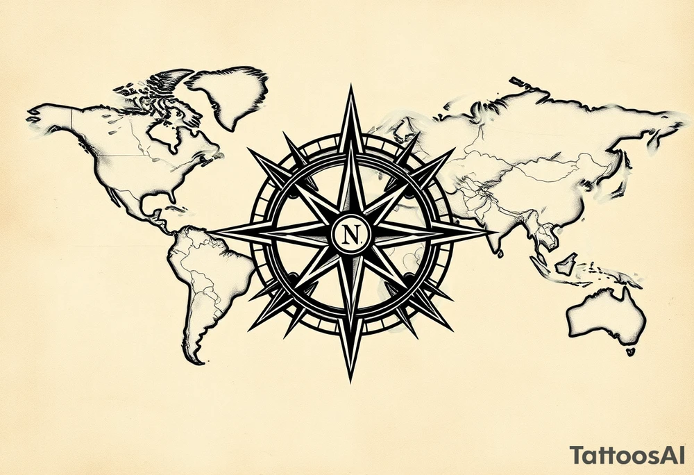 antique compass rose overlaid on weathered world map with sailing ships tattoo idea