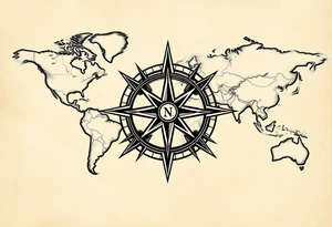 antique compass rose overlaid on weathered world map with sailing ships tattoo idea