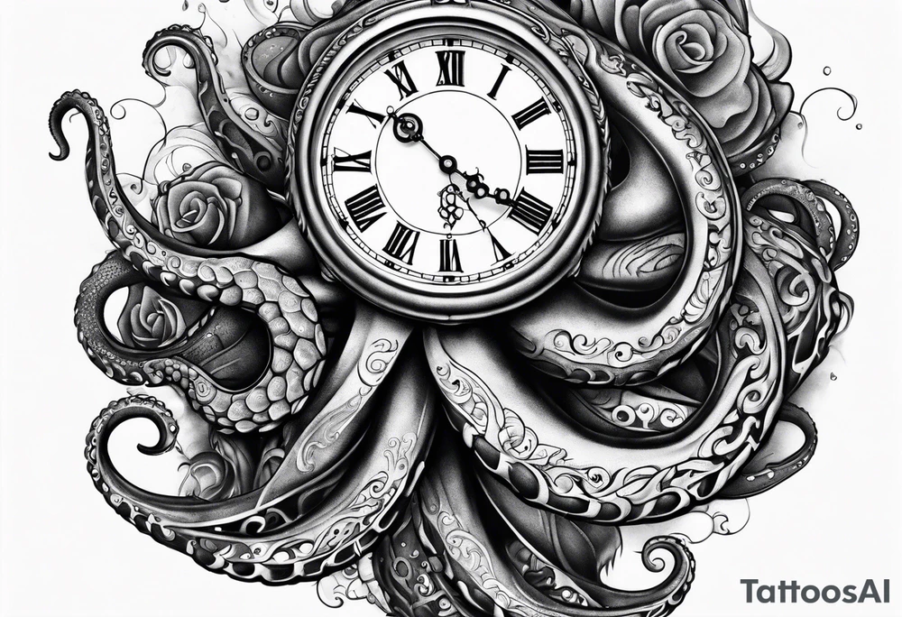 pocket watch wrapped under an aggressive octopus, side perspective tattoo idea