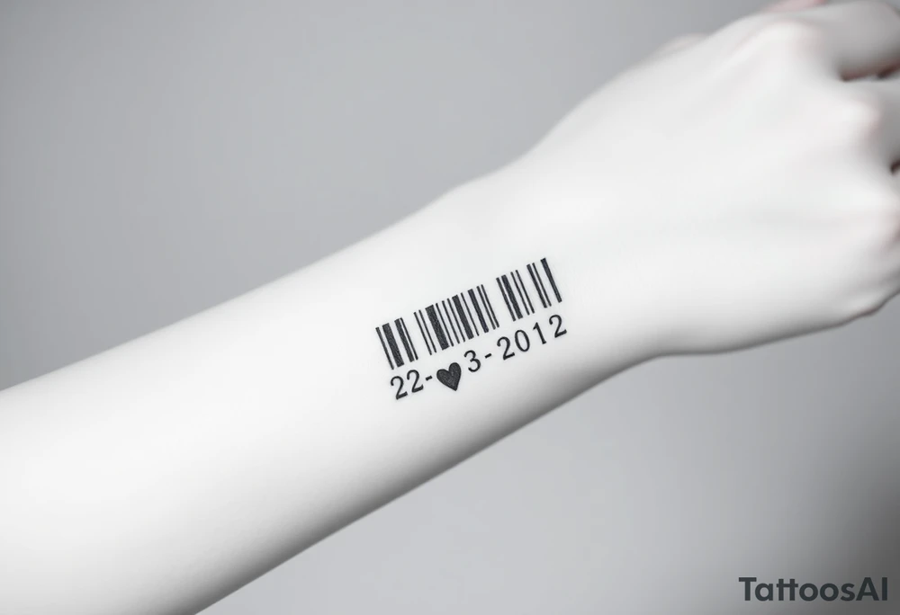 minimalist barcode with the couple’s wedding date (22 - 03 - 2012) hidden in the numbers under barcode with heart tattoo idea