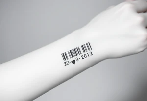 minimalist barcode with the couple’s wedding date (22 - 03 - 2012) hidden in the numbers under barcode with heart tattoo idea