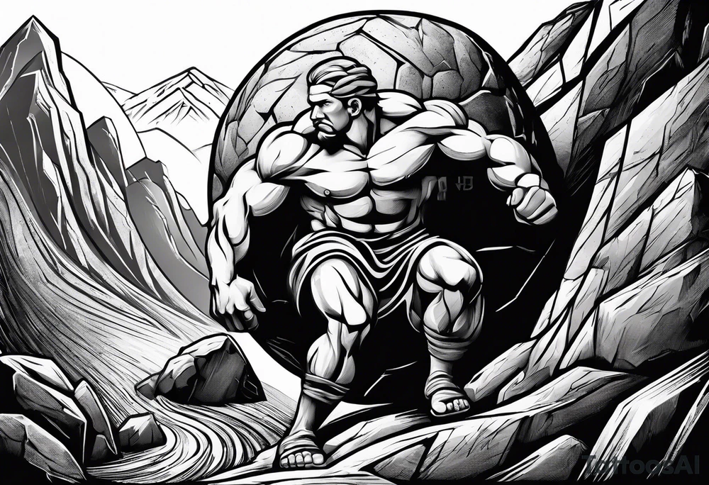 sisyphus pushing boulder up hill tattoo idea