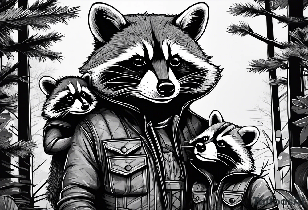 Very detailed Raccoon Husband with wife and child.
Background modern House between woods tattoo idea