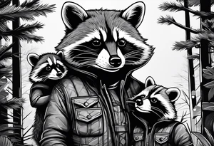 Very detailed Raccoon Husband with wife and child.
Background modern House between woods tattoo idea