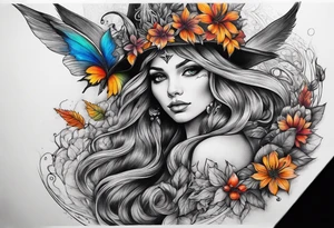 A fairy/witch with a Lot of collors, make It look mystic and really colorful and realistic tattoo idea