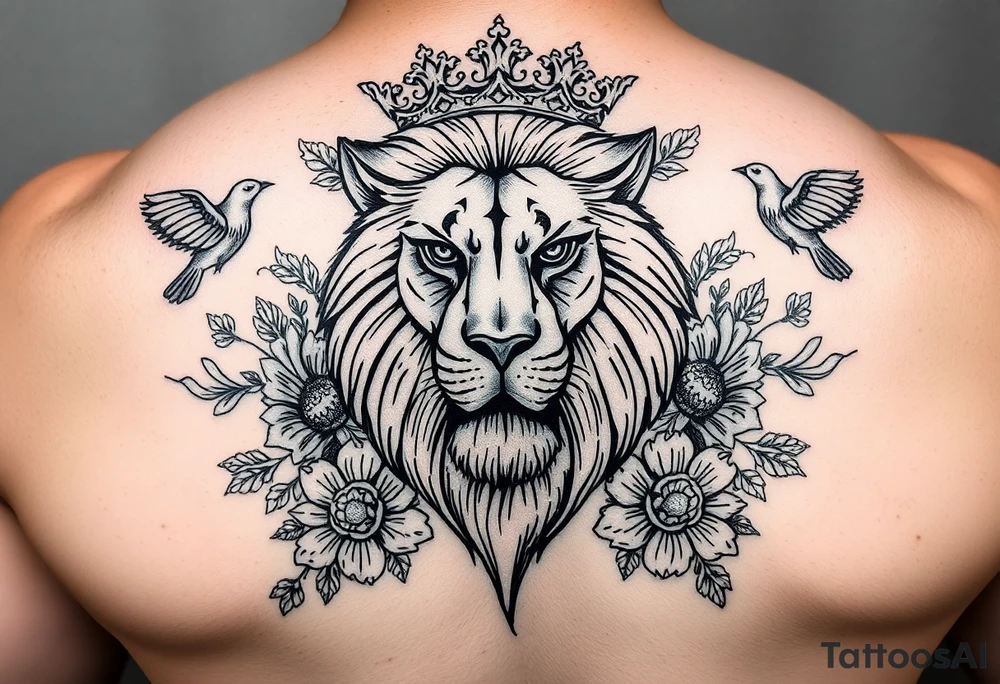 powerful majestic lion with a crown, surrounded by floral ornaments and birds tattoo idea
