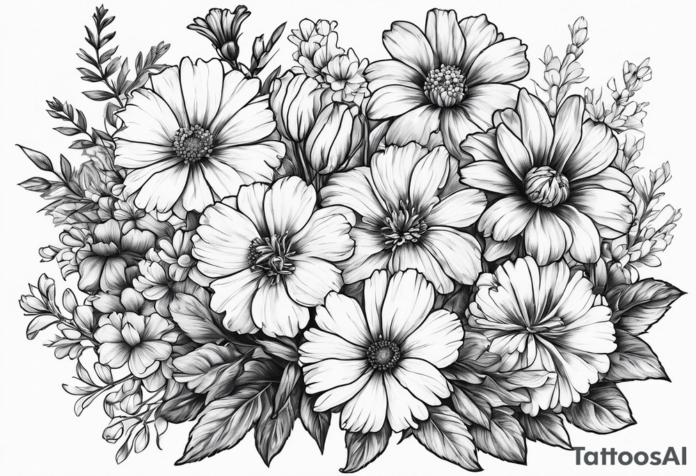 Small sketched bouquet of flowers larkspur carnation violet daisy tattoo idea