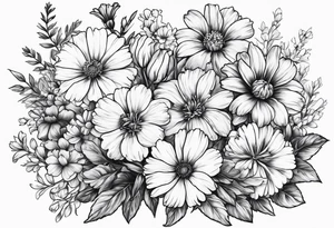 Small sketched bouquet of flowers larkspur carnation violet daisy tattoo idea