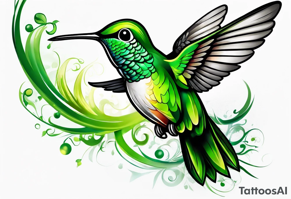 green hummingbird very small in flight ready to drink tattoo idea