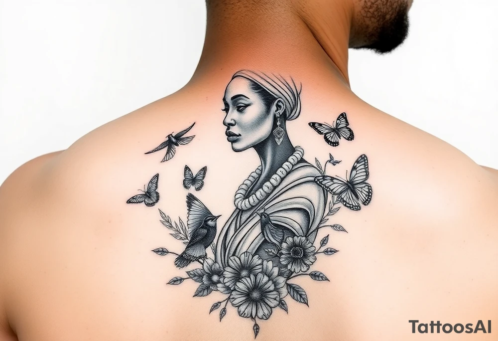 Nubian Queen in a garden with birds and butterflies tattoo idea