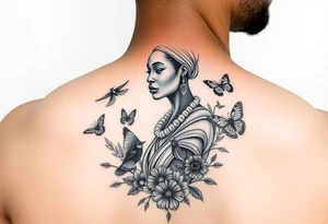 Nubian Queen in a garden with birds and butterflies tattoo idea