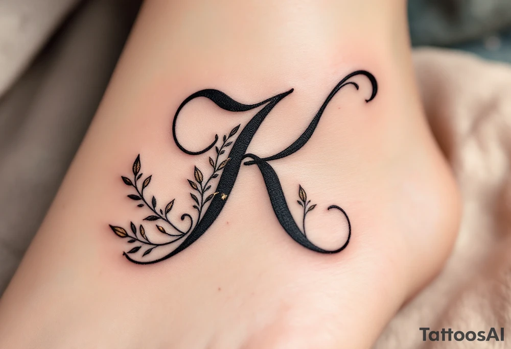 Elegant calligraphy letter K in deep black ink with gold flourishes, decorated with tiny ornamental leaves around the curves. tattoo idea