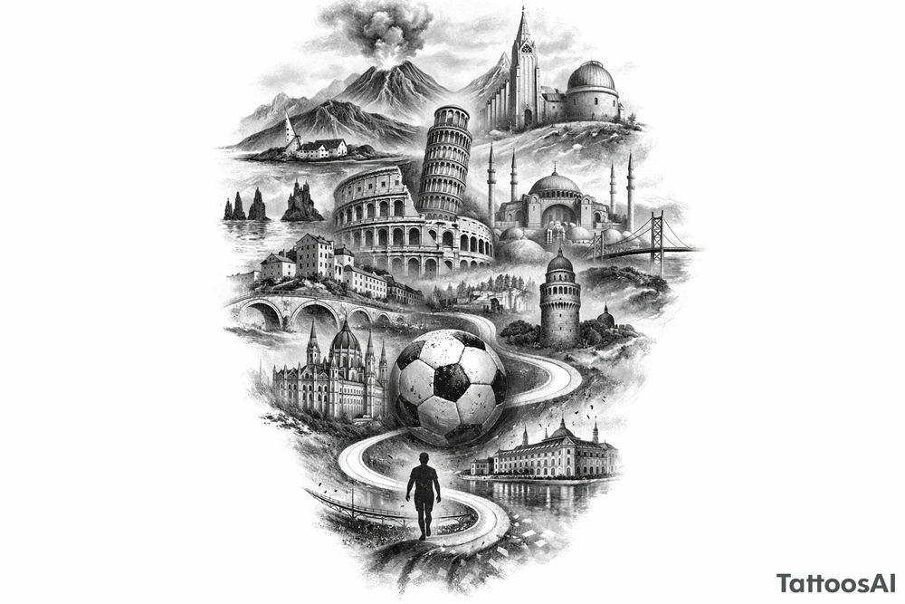 Iceland x3 (sindri, ibv, stjarnan) Italy x2 (Verona, Sassuolo) Spain (Logrono) Turkey x2 (Fenerbahce, Besiktas) Hungary (Fradi) France (Bordeaux) Something to do with football journey, surreal style to fit on arm no crests just main attractions of each country tattoo idea