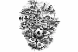 Iceland x3 (sindri, ibv, stjarnan) Italy x2 (Verona, Sassuolo) Spain (Logrono) Turkey x2 (Fenerbahce, Besiktas) Hungary (Fradi) France (Bordeaux) Something to do with football journey,  surreal style to fit on arm no crests just main attractions of each country tattoo idea