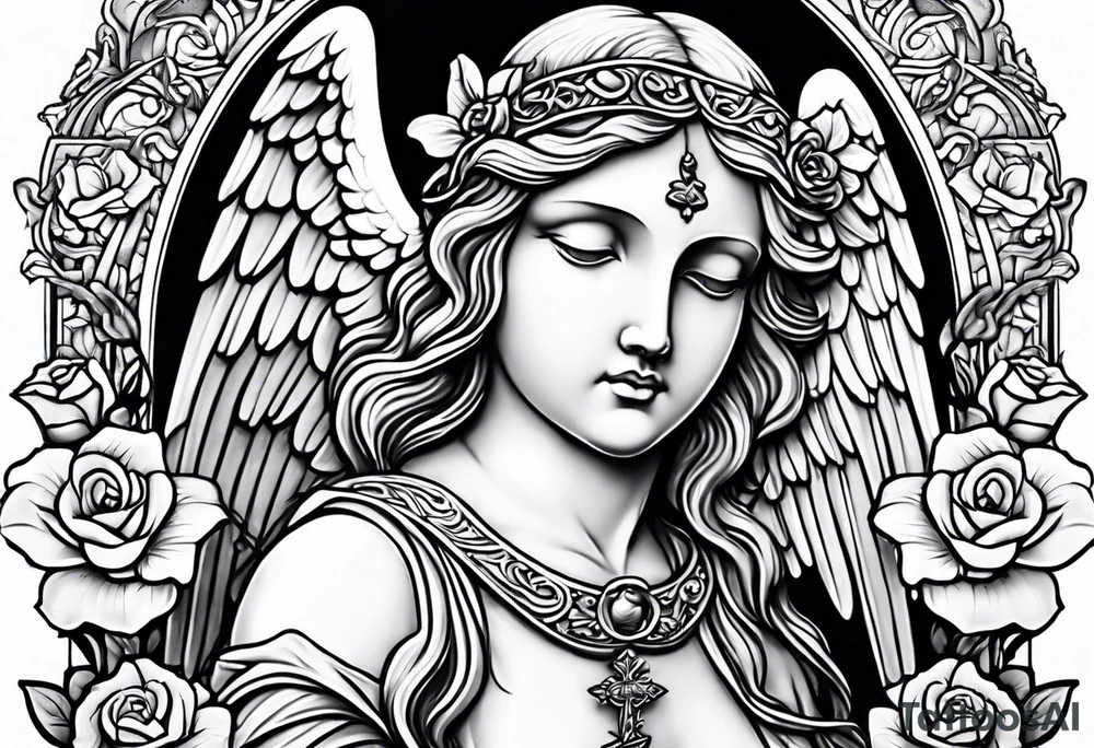 Simple Angel statue stood on a rock with daffodils and roses wrapped around its legs tattoo idea