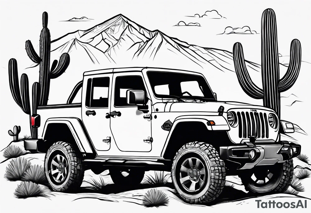 A dessert mountain with a jeep gladiator donkey cactus tattoo idea
