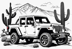 A dessert mountain with a jeep gladiator donkey cactus tattoo idea