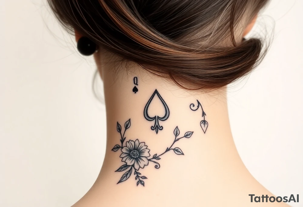 Q of spades surrounded by floral tattoo idea