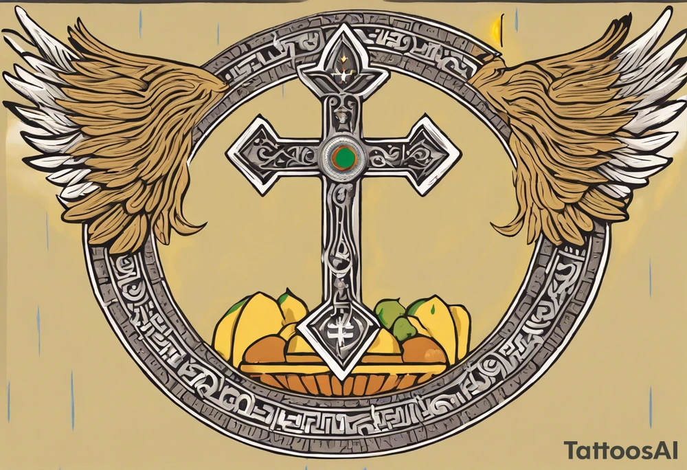 A medieval cross with an assyrian flag in the middle. A crown om top of the cross. The assyrian king Sennacherib. A sun and a moon. A cloud with rain and thunder. charizard. an imperfect cirkle. a candle. a swan. lemons. the god asshur with wings. an ankh. angel wings with a halo. surrounded by olive branches and feathers. all black and white. no shadowing. tattoo idea
