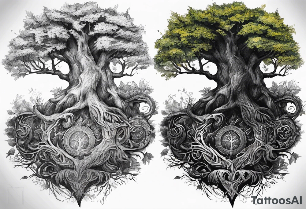 Tattoo of the norse world tree, one half is rotten, the other is full of leaves tattoo idea