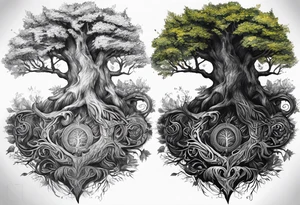Tattoo of the norse world tree, one half is rotten, the other is full of leaves tattoo idea