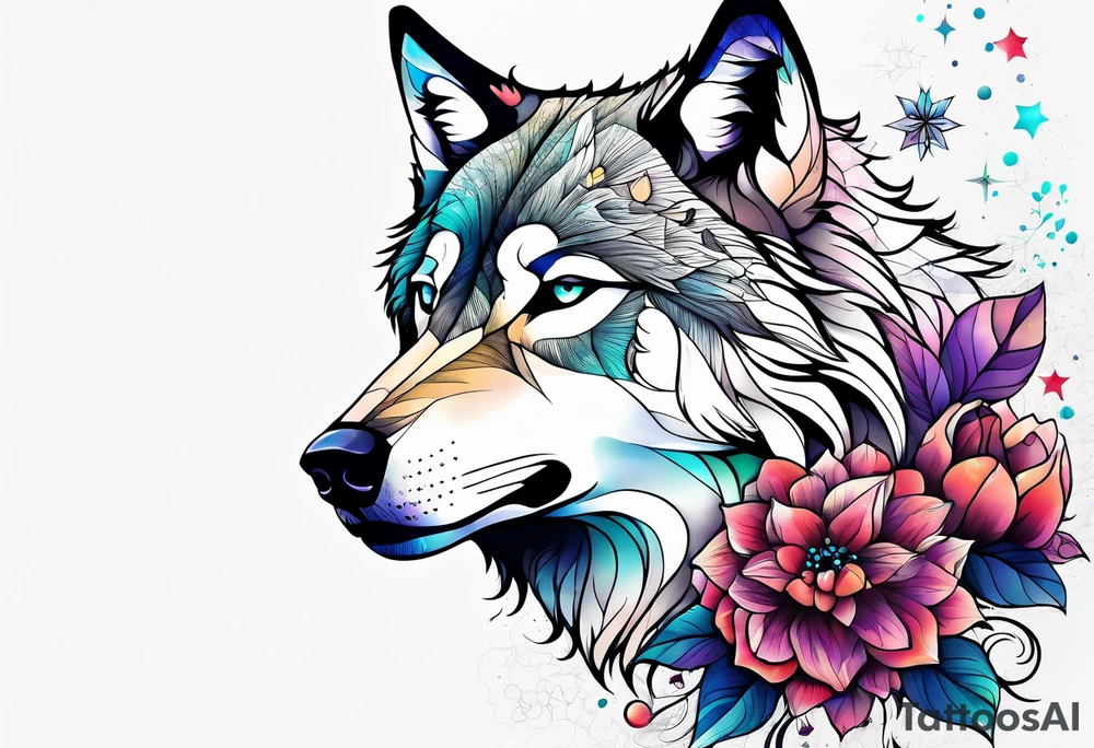 Constellation, animal wolf snow , géométric , flower tattoo idea