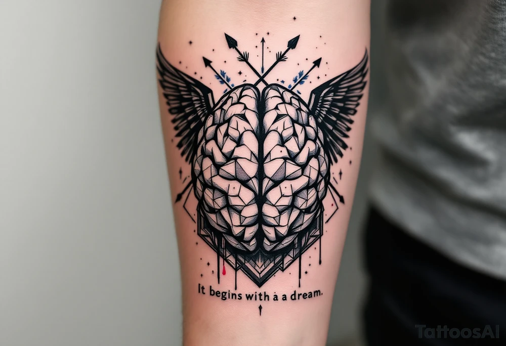 Tattoo inspired in the gifted brain in geometric and straight lines, with few watercolor details but mostly black, symbols representing intelligence, creativity and dreaming flying arround, the phrase "It begins with a dream", raven wings behind, and an arrow crossing from above, and watercolors leaking of it tattoo idea