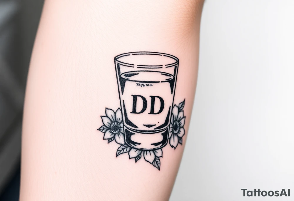A tequila shot glass with small DD Ingrave on it surround by flowers tattoo idea