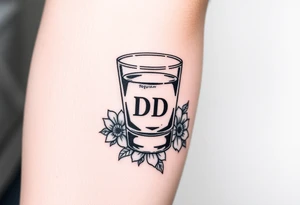 A tequila shot glass with small DD Ingrave on it surround by flowers tattoo idea