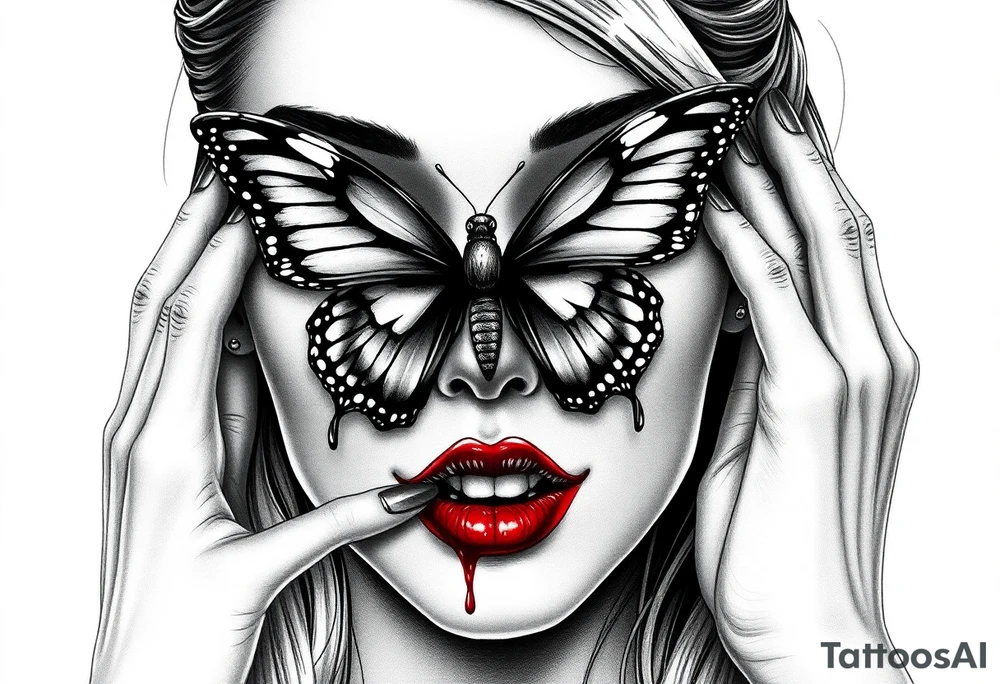Black and grey realism tattoo design of a beautiful woman's face. And a butterfly landing g on her on the upper bridge of her nose so that the lower wings of the butterfly is covering both her eyes  the butterflys right lower wing is covering her right eye and the lower left of the butterfly wing is covering her left eye  (see no evil), she is bitting on her lip hard to where it is bleeding bright red(speak no evil). Wuth her left hand iver her left ear and her right hard over her right ear ( hear no evil )The style is black and grey realism, hyper-realistic, dark, and evil. Incorporate ninja gear elements and mechanical details (gears) subtly into the background or clothing for a gear ninja evil look. Design for a full forearm sleeve placement tattoo idea