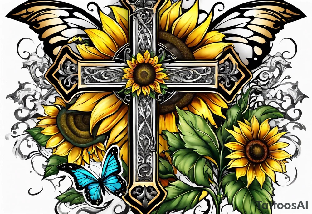Winged cross with sunflower and butterflies tattoo idea