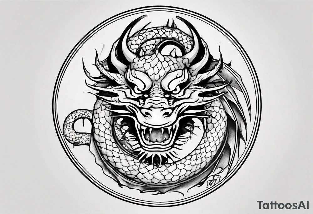 Chinese dragon in a circular shape with "02.03" written on its skin tattoo idea