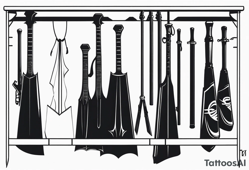 A weapons rack with 4  bats hanging from 4 of the 6 open spaces. tattoo idea