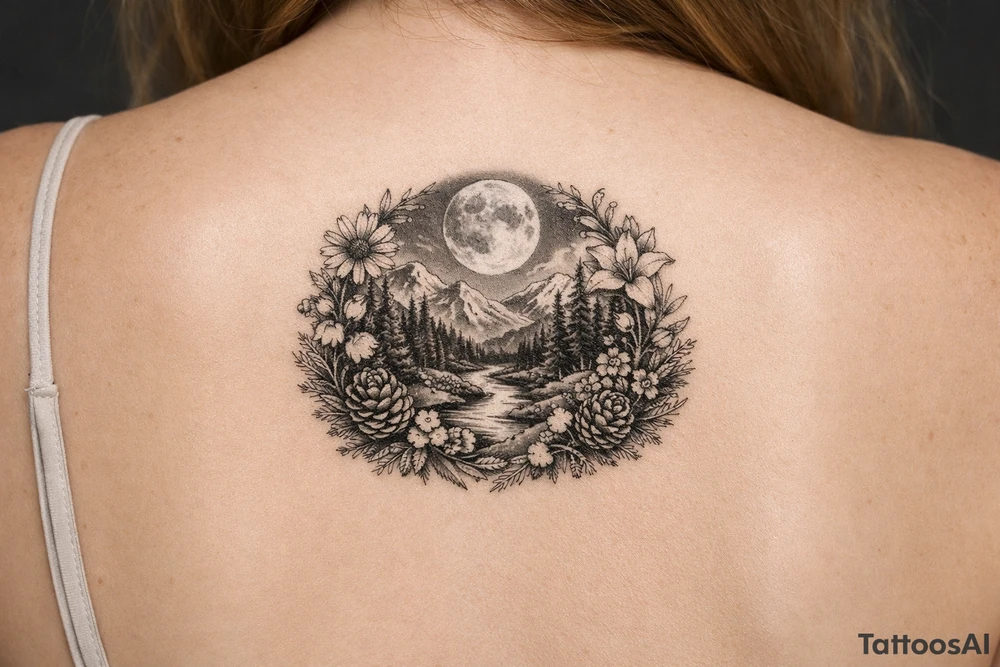 Full moon, mountains, stream surrounded by pine trees, encircled with wildflowers and pinecones tattoo idea
