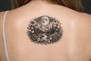 Full moon, mountains, stream surrounded by pine trees, encircled with wildflowers and pinecones tattoo idea