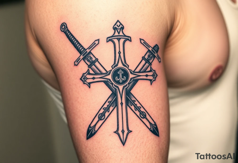 A Templar cross with two crossed longswords behind it, detailed with intricate hilt engravings tattoo idea
