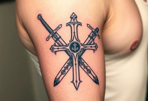 A Templar cross with two crossed longswords behind it, detailed with intricate hilt engravings tattoo idea