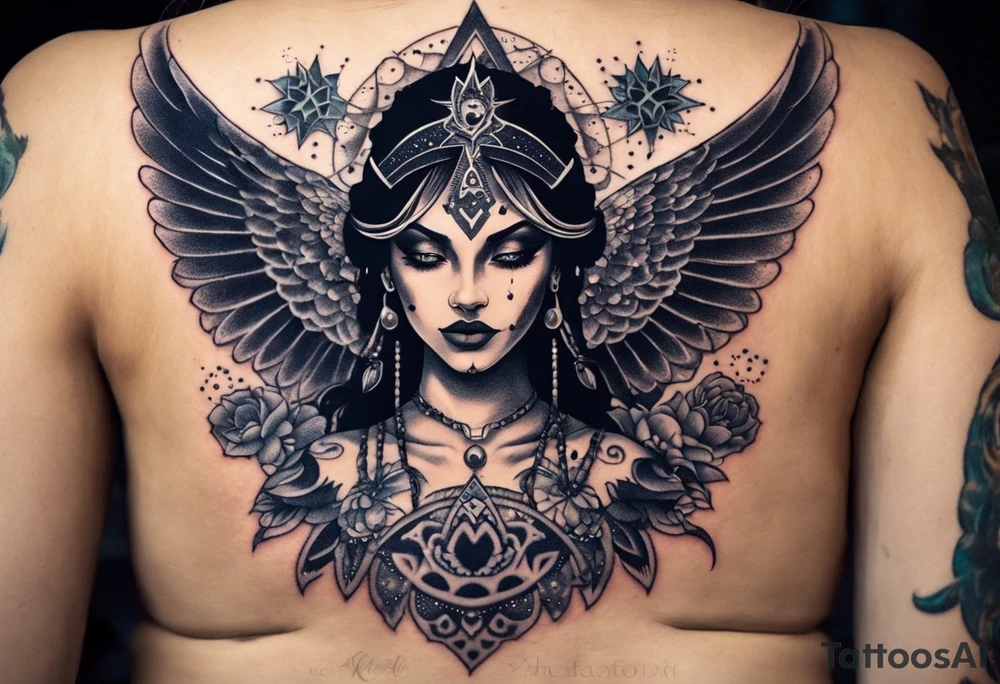 black kali, goddess pirate, alien, angel, pachamama, valkrye, warrior, flying, skull, lotus azul, wing, eagle, zenza resonance, stars, 5D, anahata chakra, death, durga, riding on a tiger, flying lady, chest tatoo tattoo idea