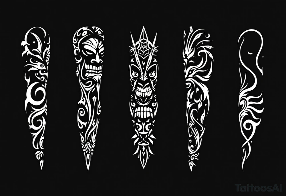 Full Polynesian sleeve tattoo with tribal motifs and oceanic symbolism – A bold black ink sleeve wrapping from shoulder to wrist, featuring traditional Polynesian patterns such as spearheads, shark teeth, tiki faces, and ocean waves. The design flows organically around the arm, with geometric symmetry, interwoven lines, and negative space creating rhythm and meaning. Symbols of strength, protection, family, and warrior spirit are incorporated throughout, including turtle shells (longevity), sun rays (leadership), and enata figures (ancestors and community). Entire design in solid black with precise clean edges, in authentic Polynesian style. tattoo idea