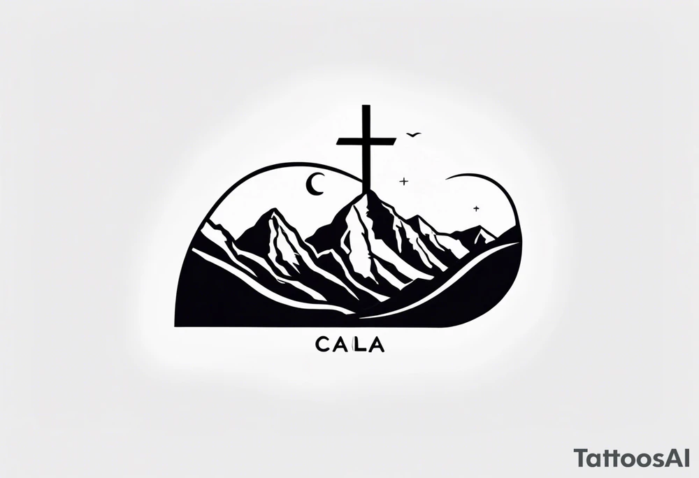 Sideways thin cross with Mountains and the word "Cala" that is simple and small tattoo idea