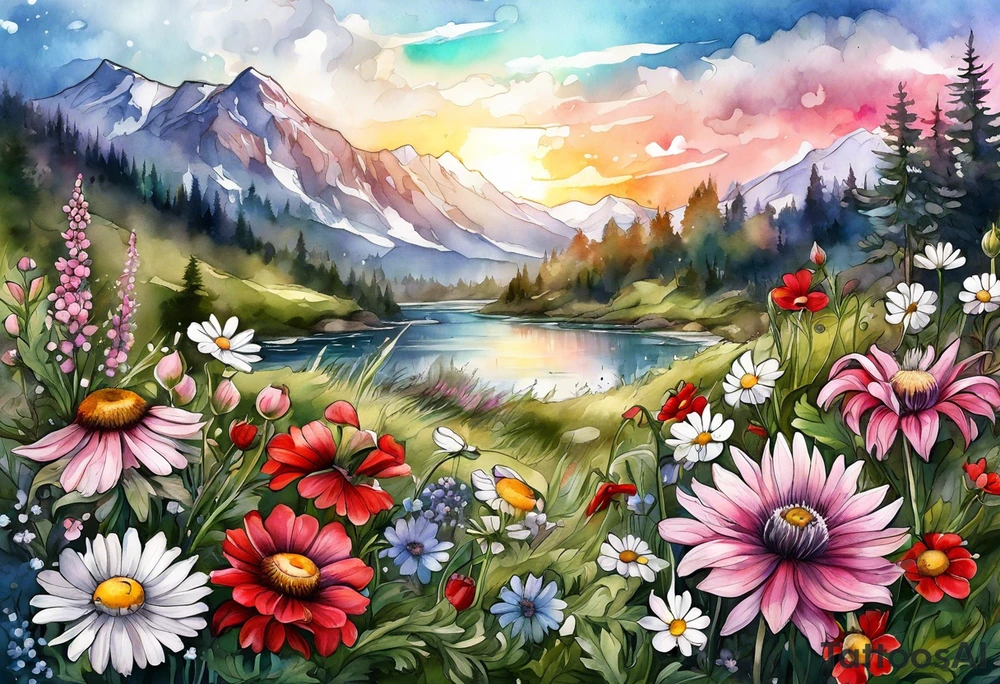 wildflowers cascading with thistles, ferns, white anemones, sun flowers, buttercups, pink flowers, red flowers, babys breath and daisies all in watercolor tattoo idea