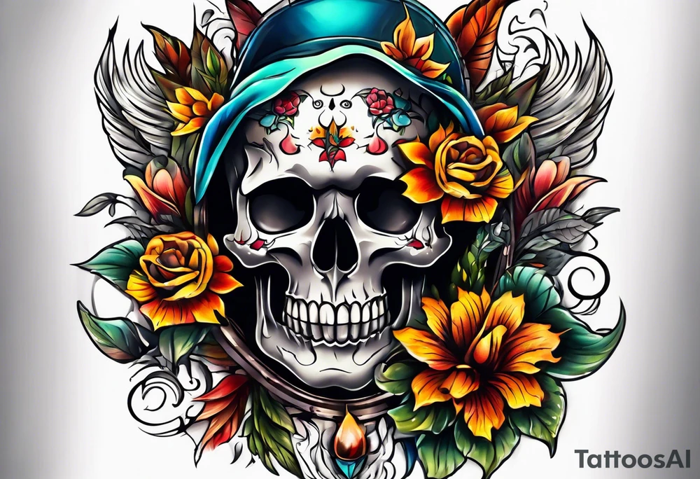 Old school center Knee tattoo with realistic skull, various flowers, water and fall colors tattoo idea