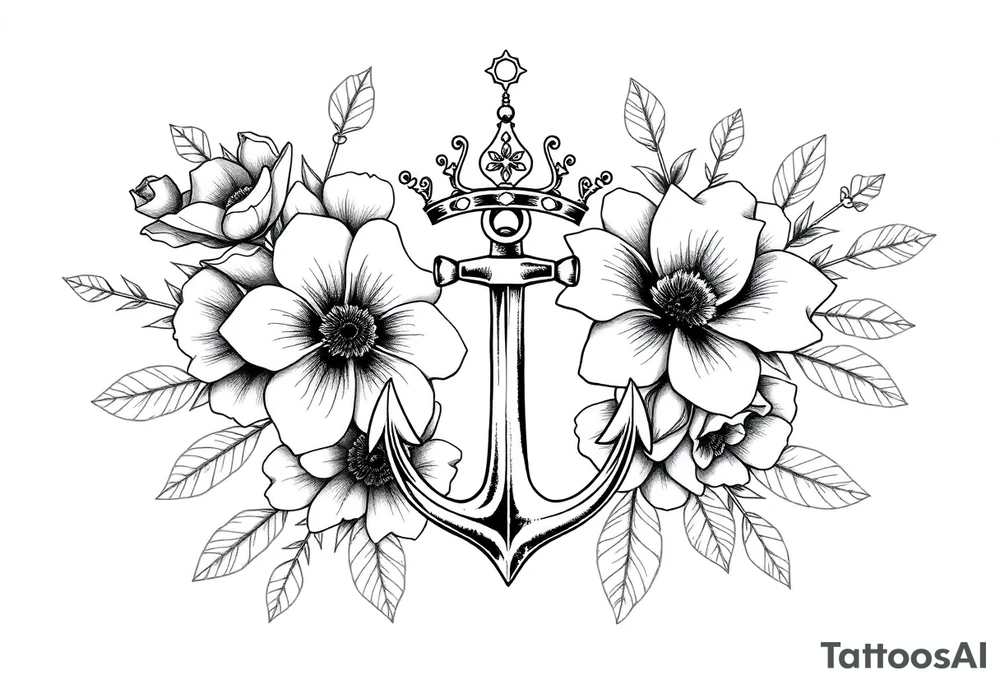 detailed beautiful gothic boho flowers with gorgeous crown and anchor tattoo idea