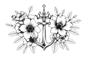 detailed beautiful gothic boho flowers with gorgeous crown and anchor tattoo idea