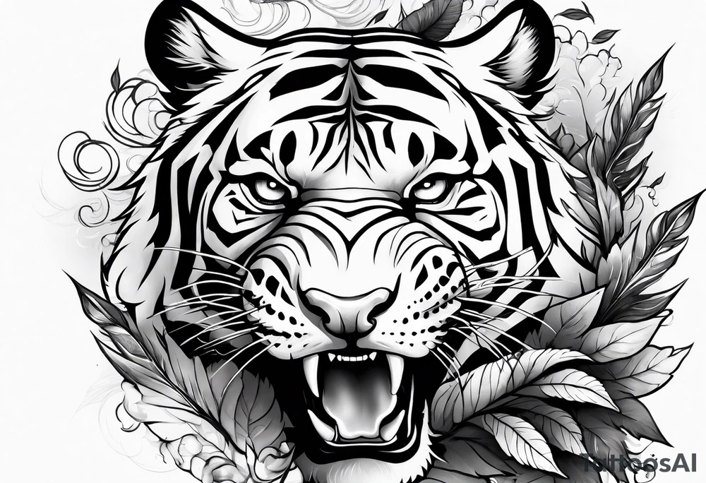 Fierce tigger growling with leaves and smoke around the image tattoo idea