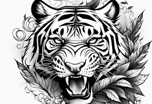 Fierce tigger growling with leaves and smoke around the image tattoo idea