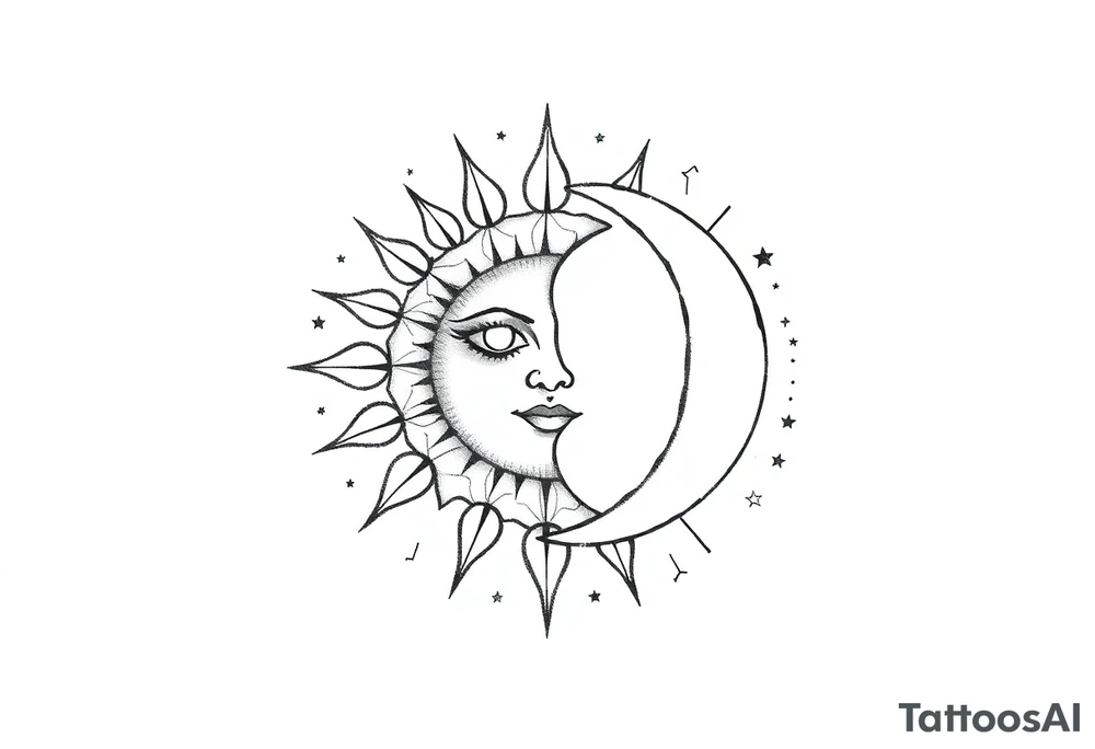 celestial sun and moon embrace with constellation patterns tattoo idea