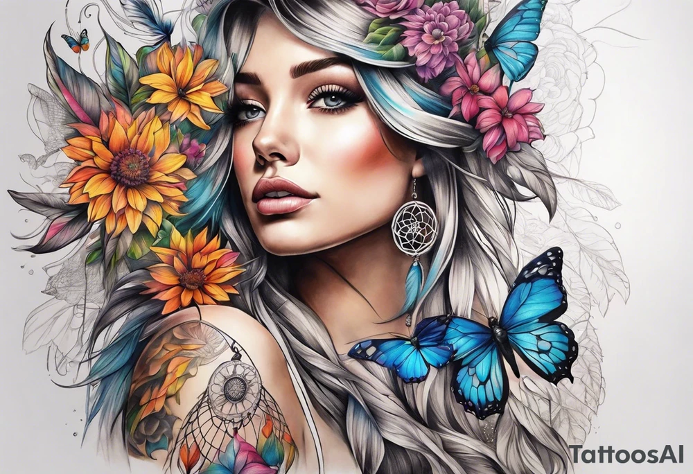 arm sleeve with dreamcatcher, rainbow flowers and one butterfly tattoo idea