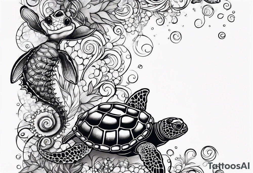 Small Starfish, Seahorse and turtle in a vertical line with bubbles tattoo idea
